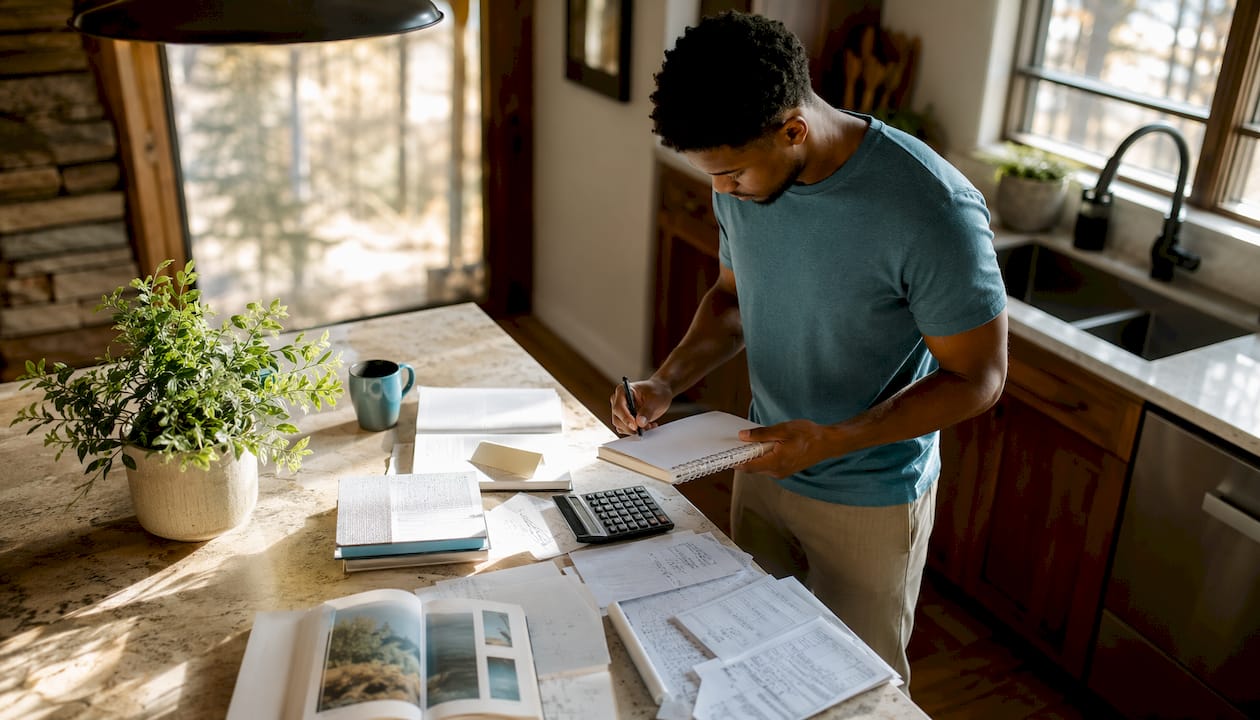 Man calculating escrow monthly payment at home desk from behind angle