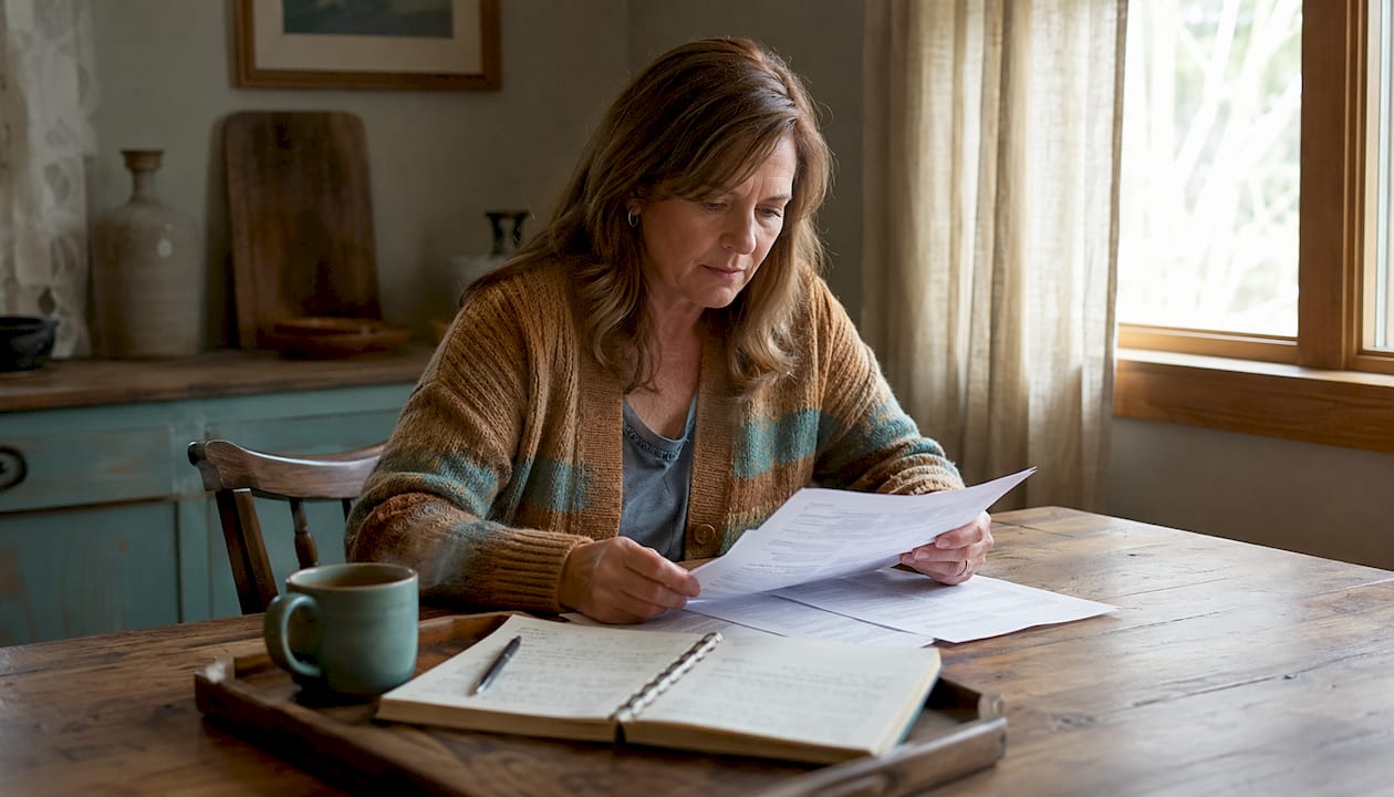 Homeowner reviewing insurance paperwork at kitchen table