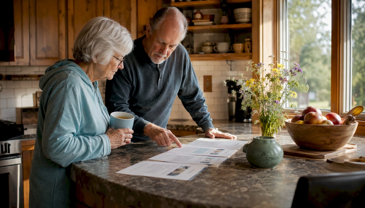 Elderly couple comparing insurance premium quotes
