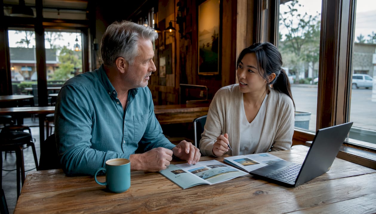 Broker explaining insurance policies to client