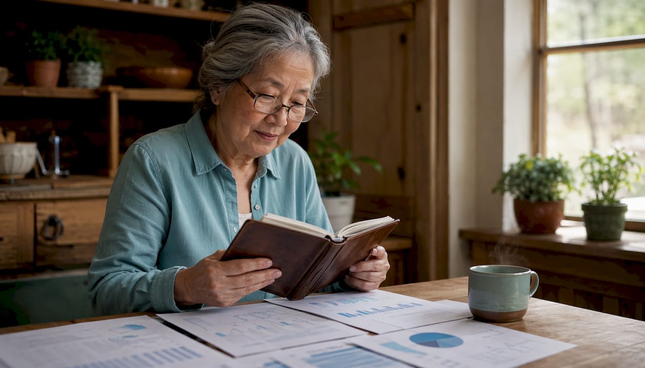 Elderly woman studying whole life insurance documents in library