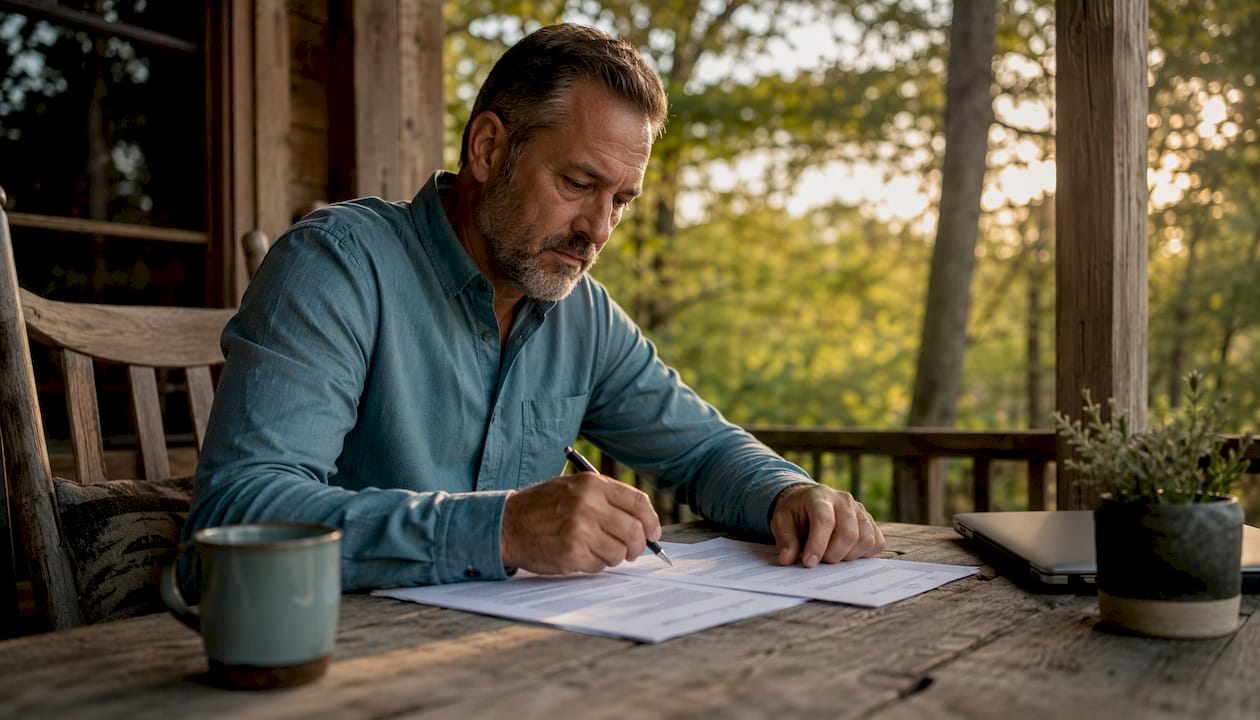 Man reviewing life insurance papers at home