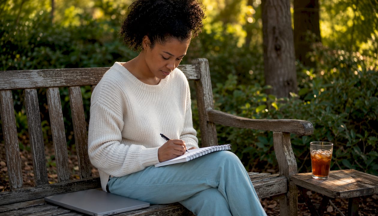 Woman taking notes on term life insurance at café