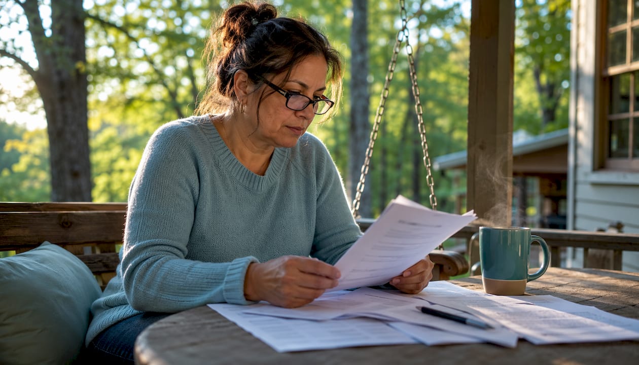 Woman reviewing auto insurance policy papers