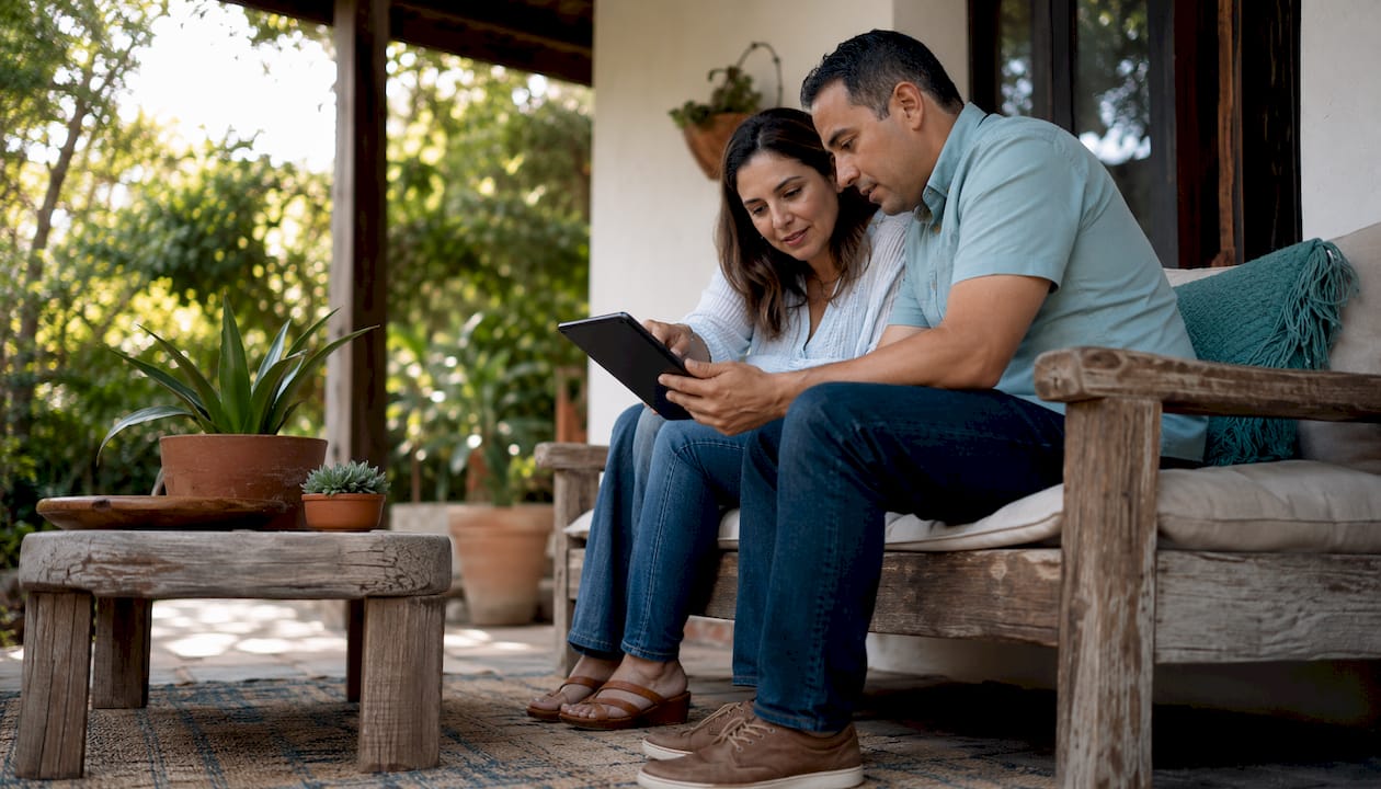 Couple reviewing homeowners insurance quotes on tablet
