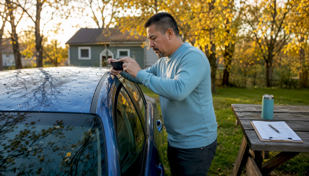 Man assessing hail damage on car roof