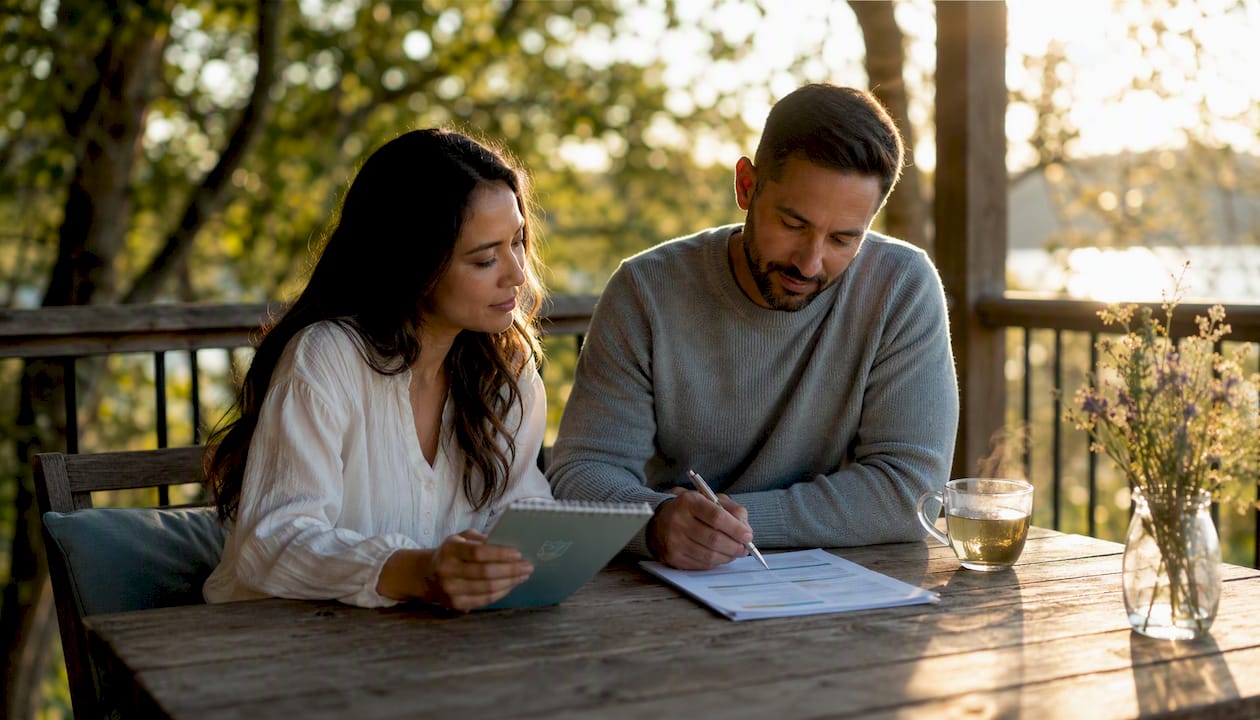 Couple discussing home insurance at living room