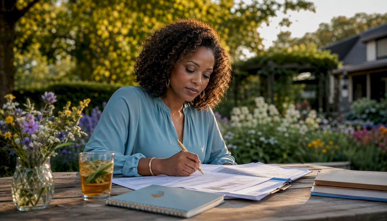 Affluent woman reviewing home insurance papers