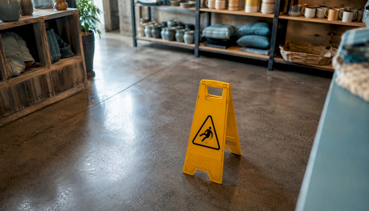 Wet floor caution sign inside store