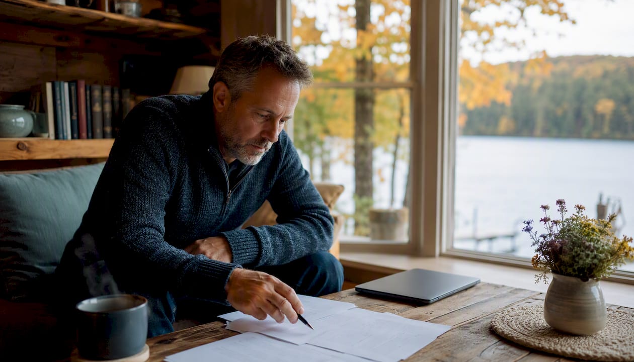 Small business owner reviewing insurance papers