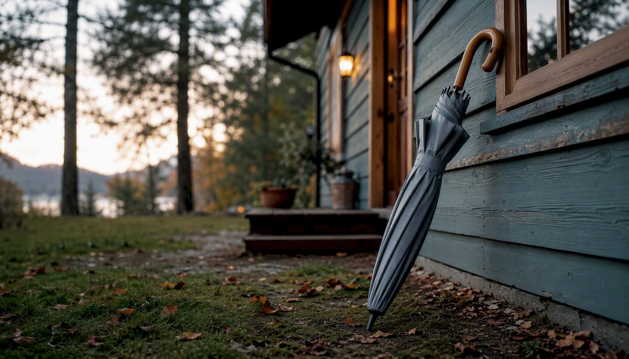 Umbrella resting by rustic home entrance