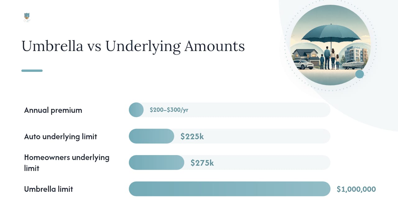 Diagram summarizing umbrella insurance coverage key facts
