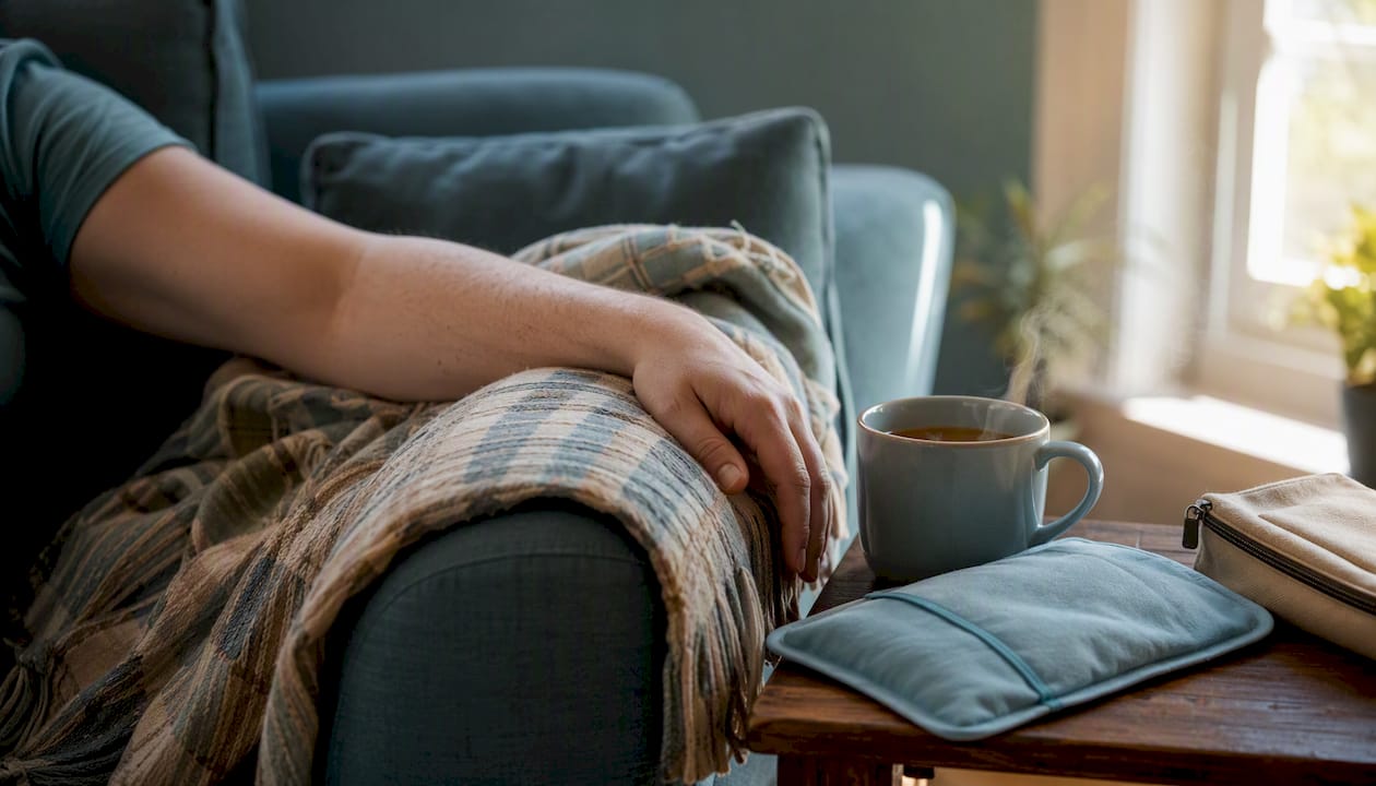 Arm on blanket with cold pack and medication