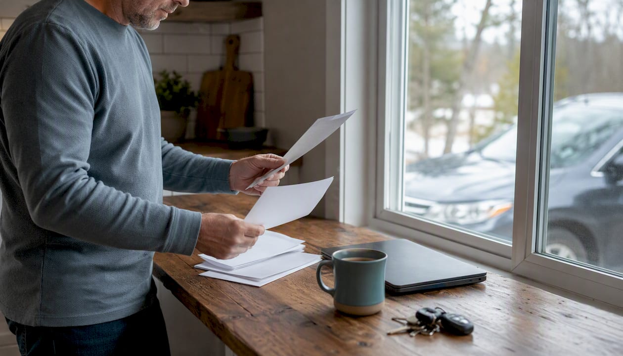 Person organizing insurance papers at home table