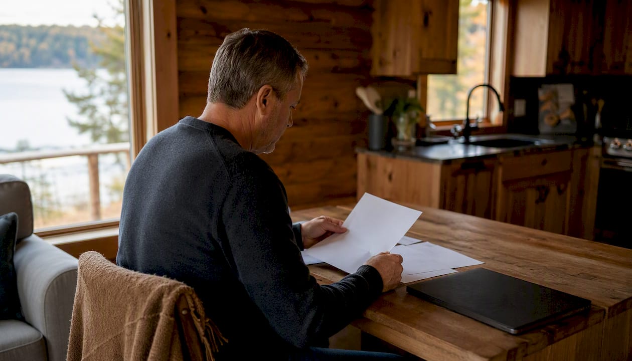 Homeowner organizing insurance papers at table