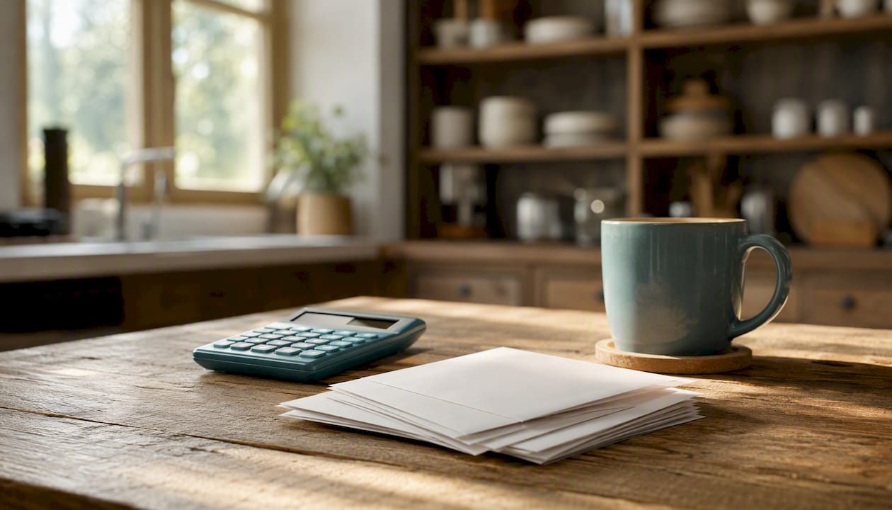 Calculator and financial envelopes on desk