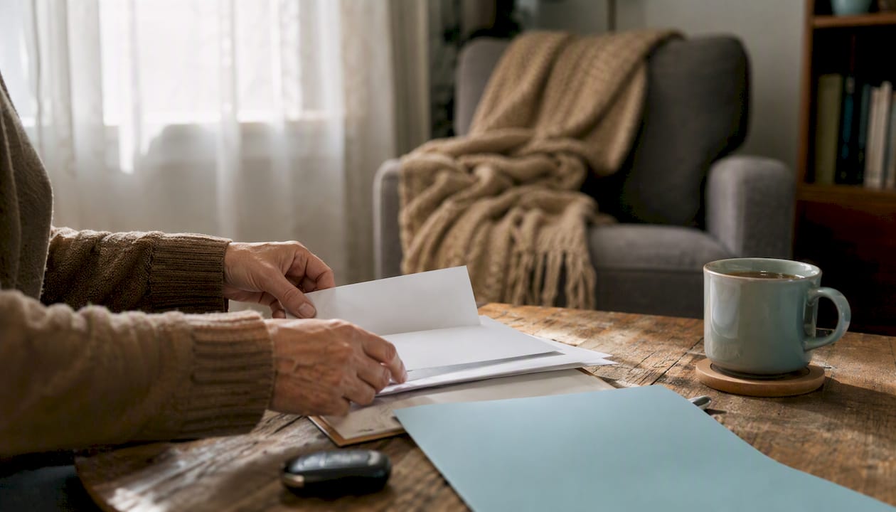 Hands holding insurance certification forms indoors