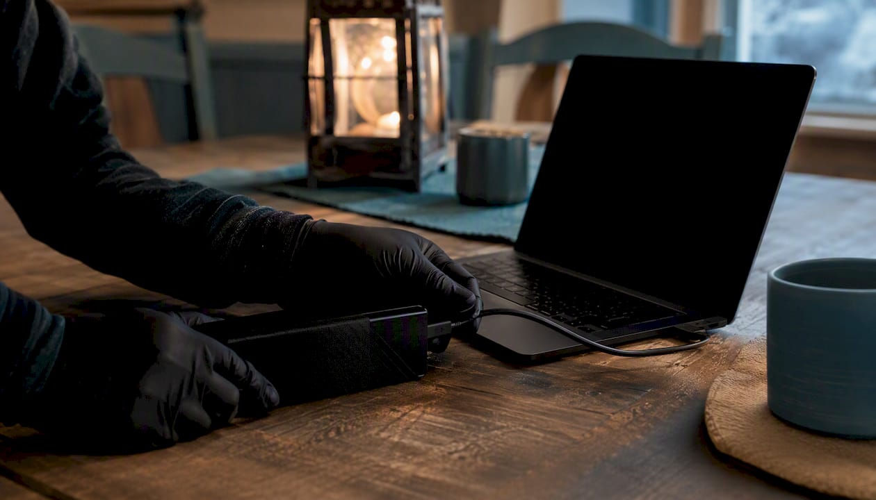 Hand connecting encrypted hard drive to laptop
