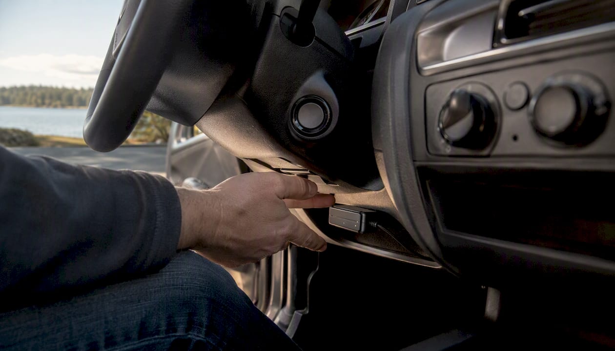 Close-up of car dashboard showing telematics device