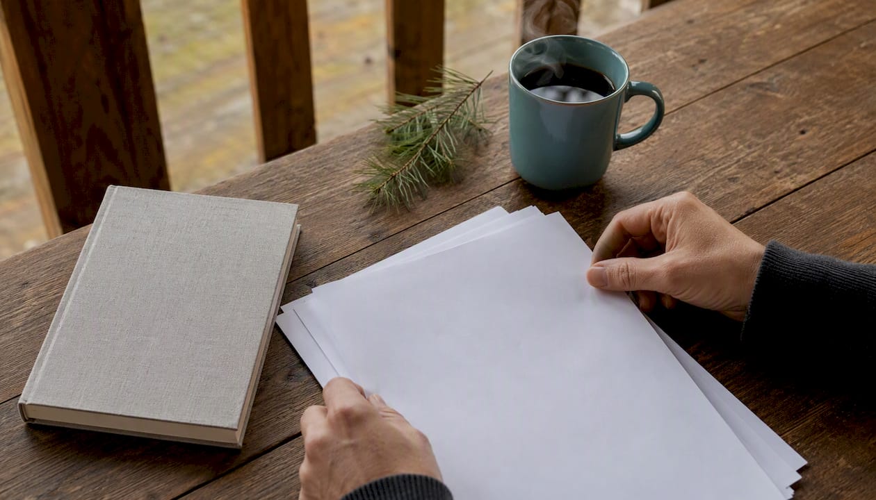 Hands organizing insurance documents on cabin porch
