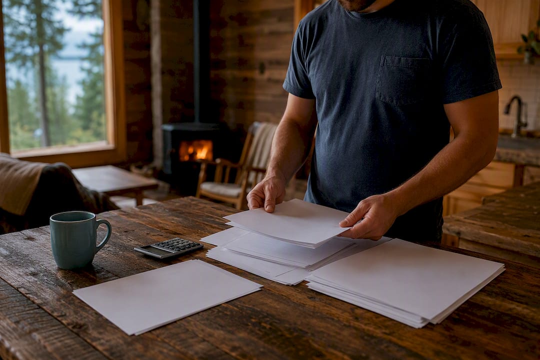 Person organizing insurance claim papers at home desk