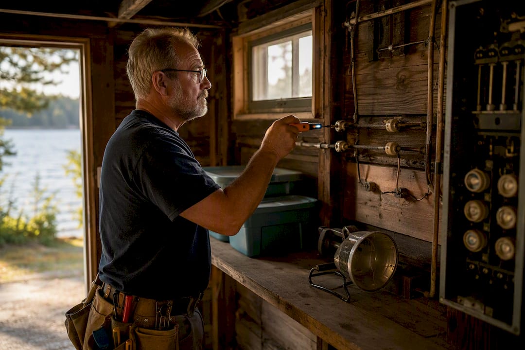 Electrician inspecting old wiring in basement