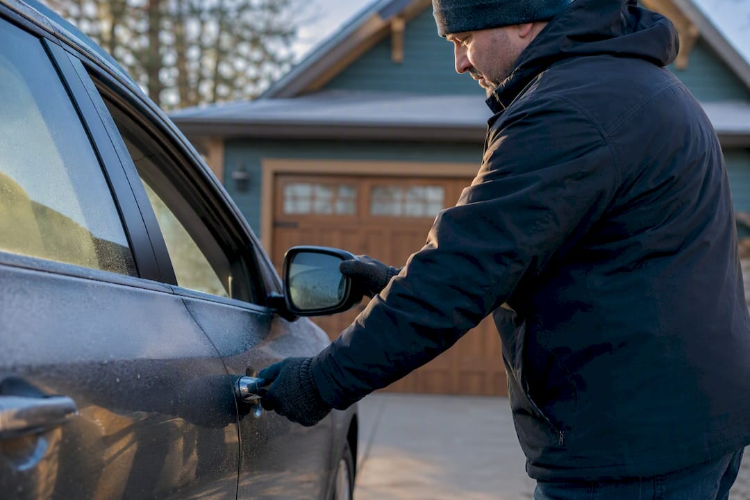 Driver inspecting car exterior before rideshare shift
