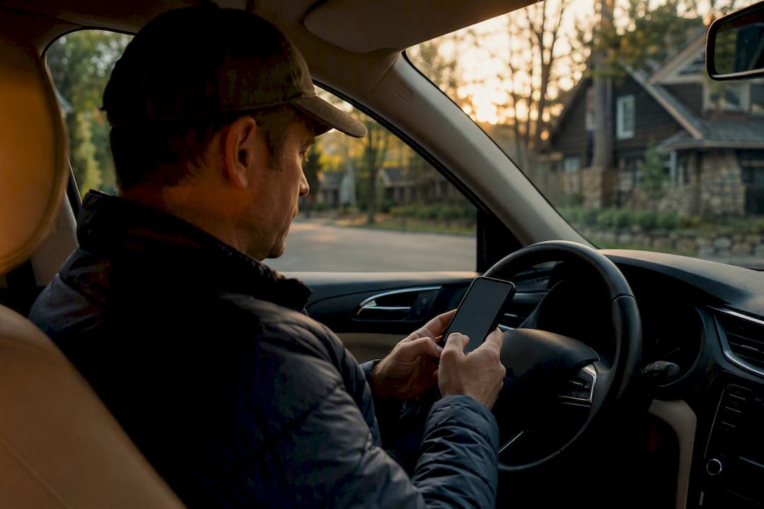 Driver logging into rideshare app in car