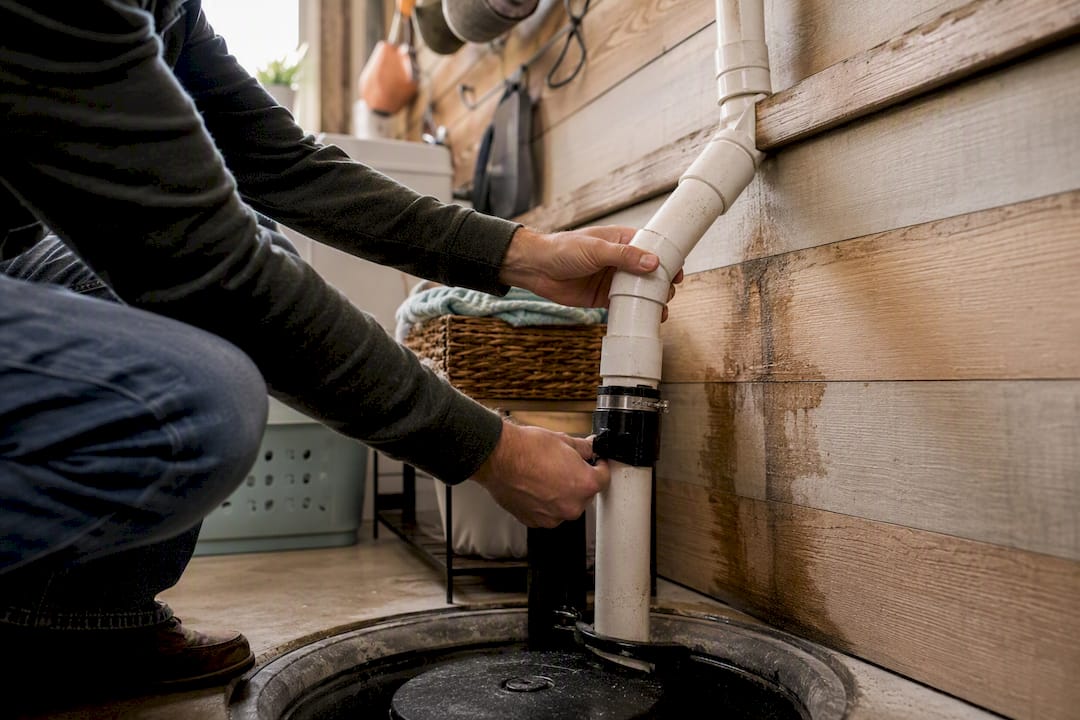 Hands inspecting sump pump pipe in basement