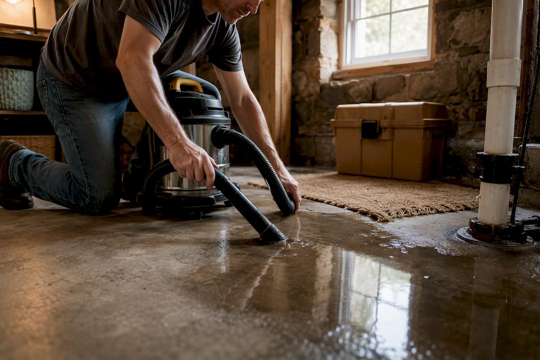 Hands using vacuum to clean basement water