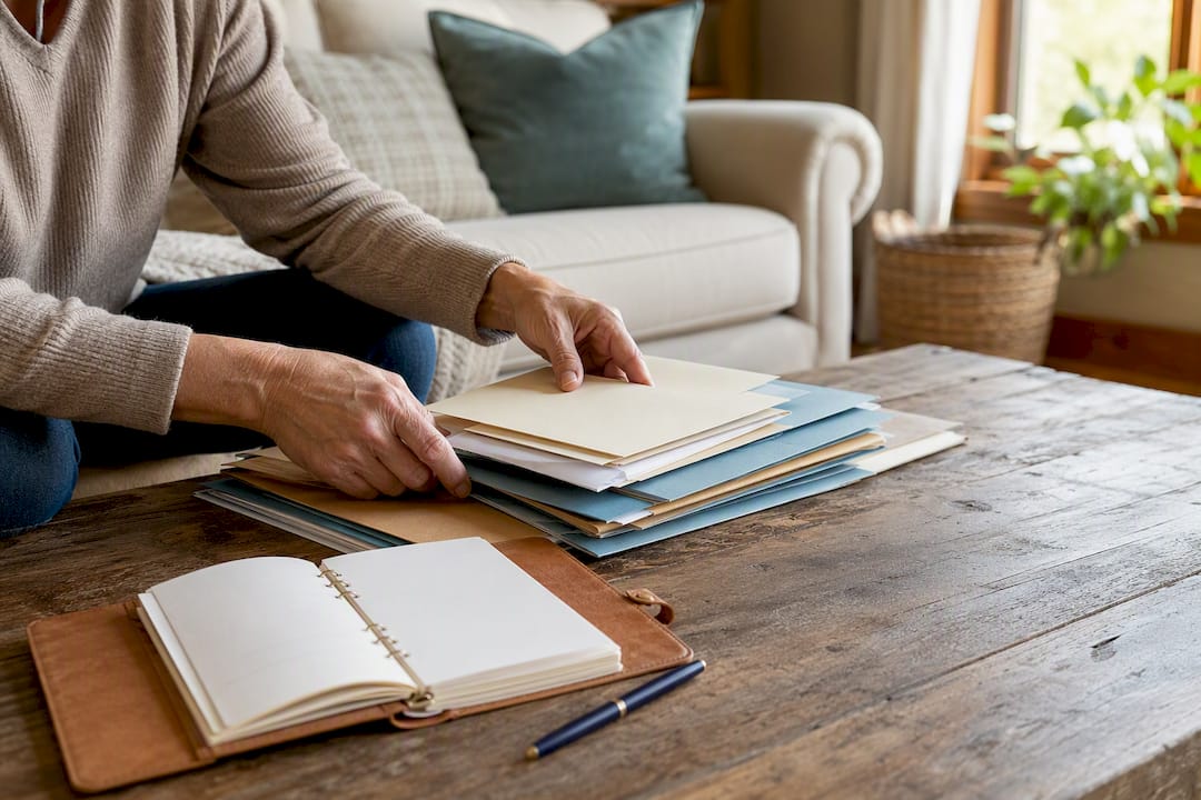 Hands organizing estate document folders