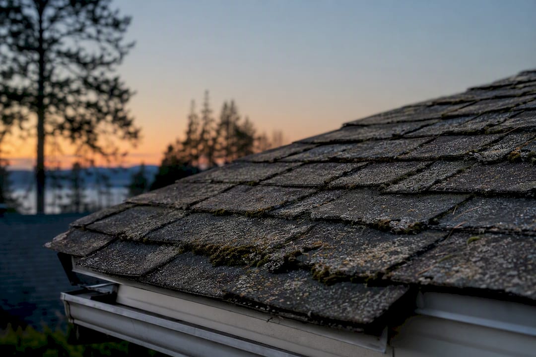 Aging roof shingles on home exterior