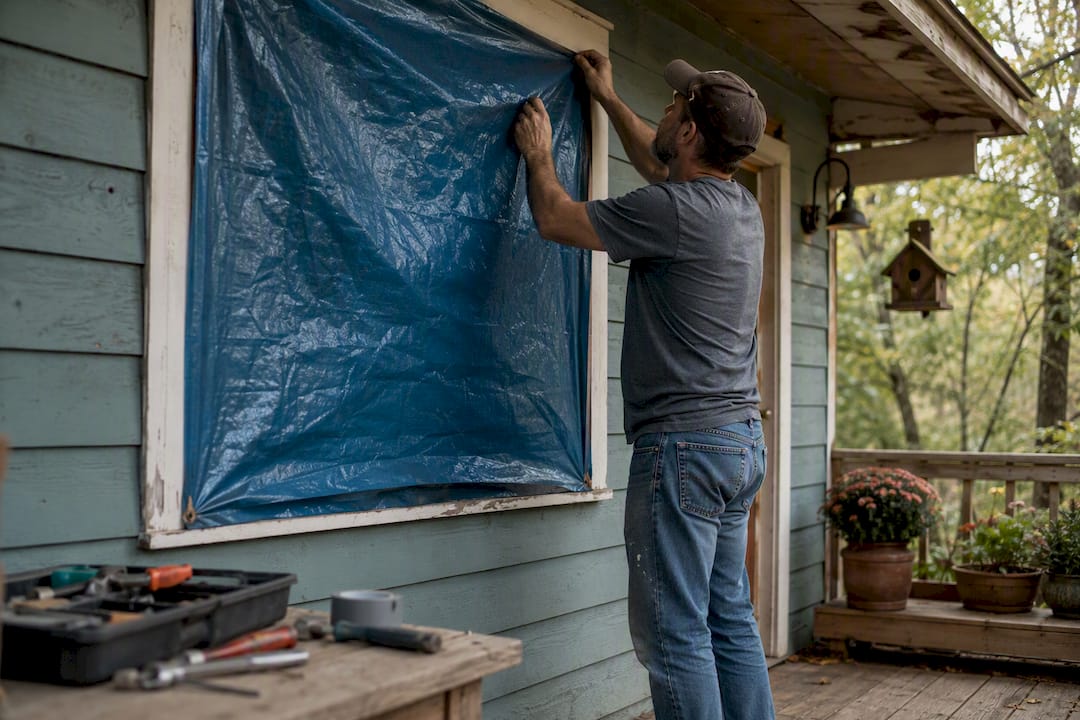 Hands rolling tarp to cover broken window