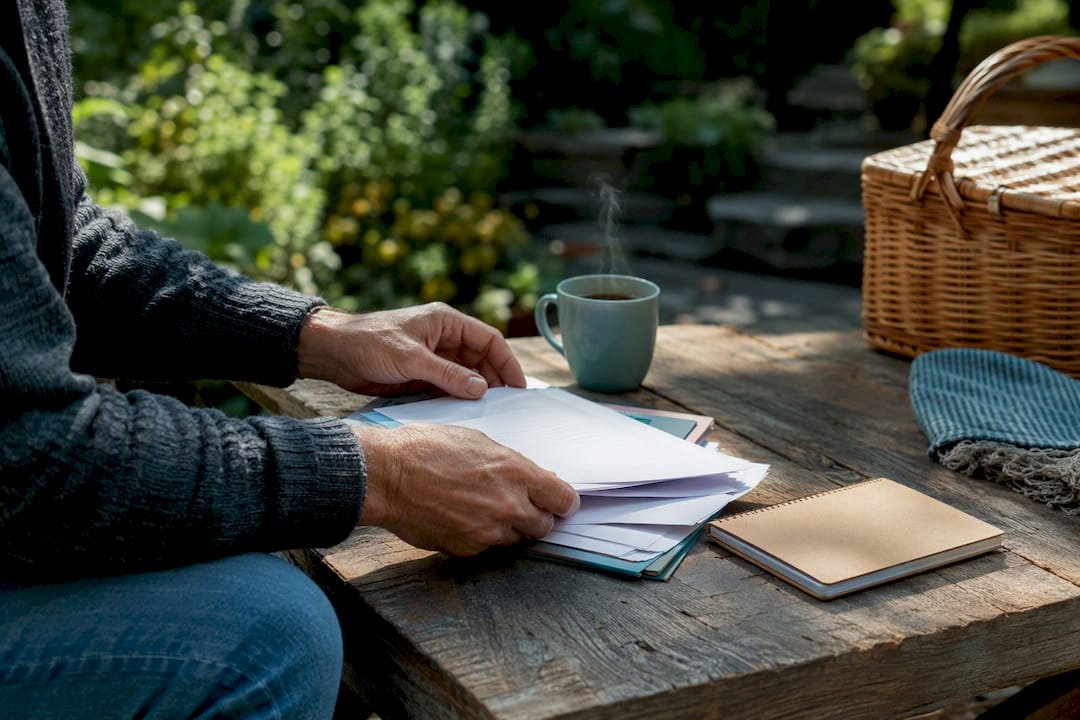 Hands adjusting home insurance documents on table