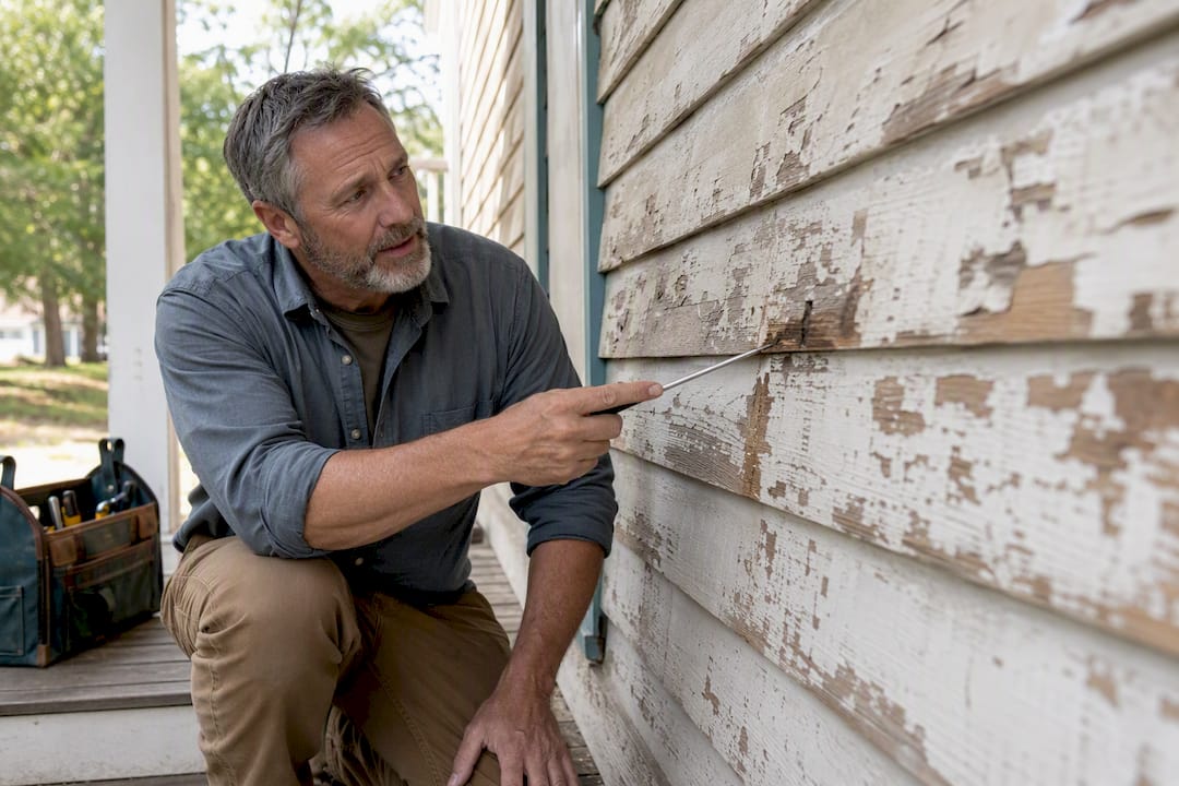 Contractor pointing at old house siding