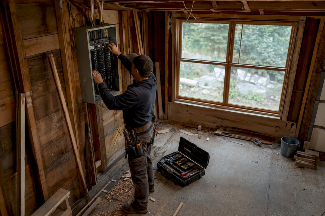 Contractor installing electrical panel in garage