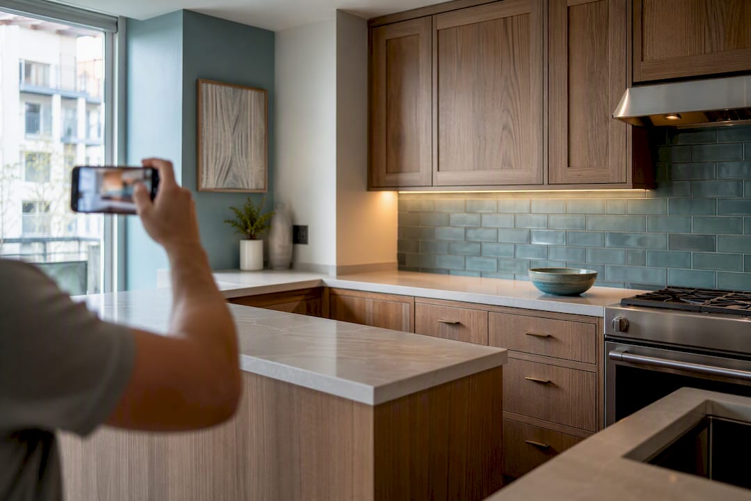 Homeowner photographing renovated condo kitchen