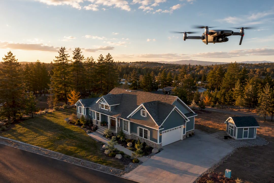 Drone surveying a home's roof and property