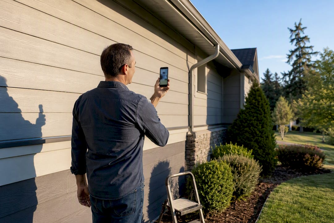 Homeowner photographing exterior inspection concerns