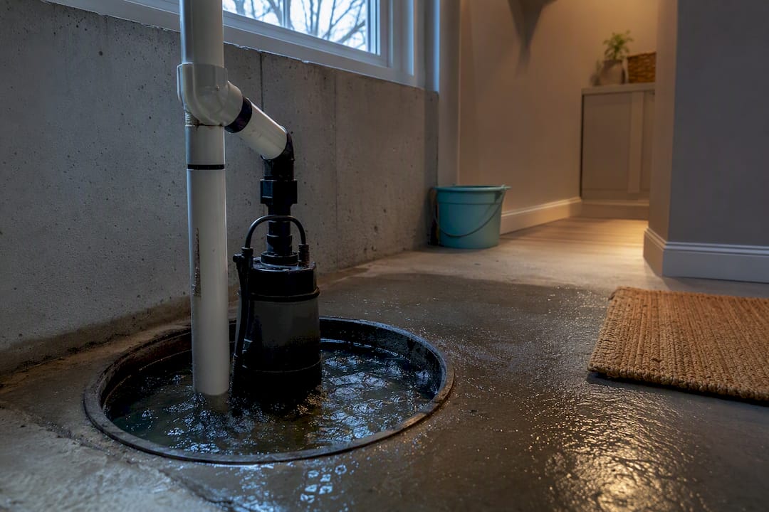 Sump pump basin during basement water rise