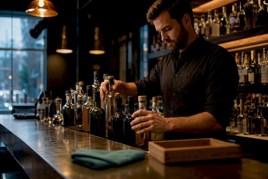 Bartender organizing liquor bottles behind bar