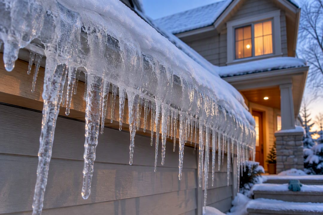 Ice dam buildup along snowy Minnesota roof