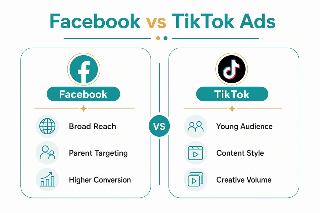 Comparison infographic of Facebook and TikTok ads for music teachers