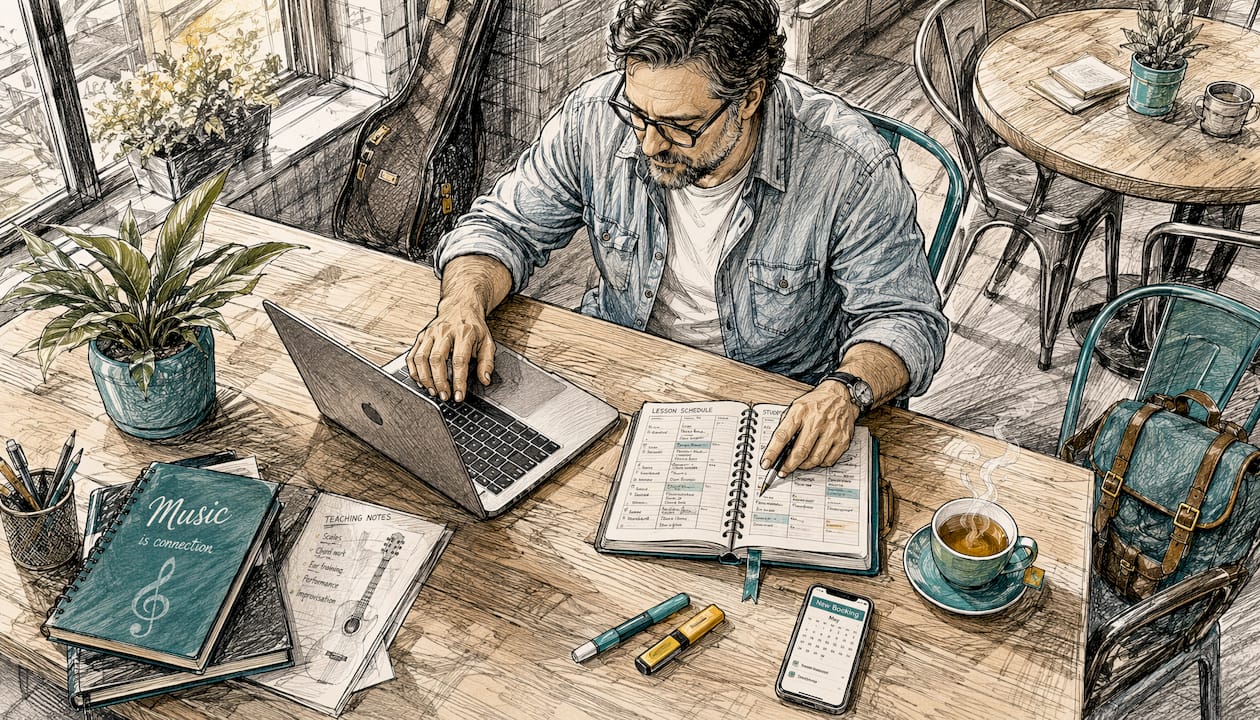 Music teacher managing bookings on laptop