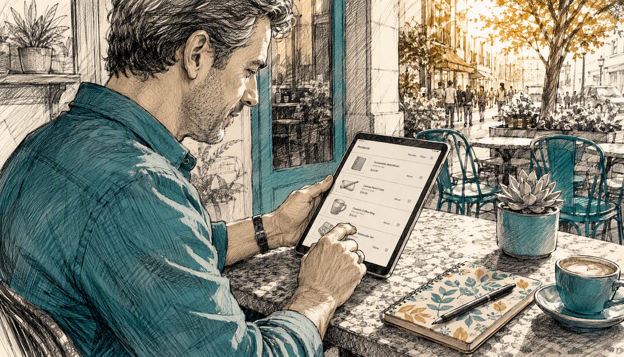 Hands navigating ecommerce app in café