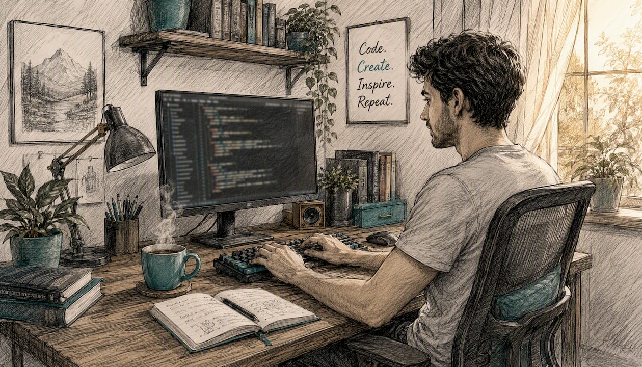 Developer coding at standing desk in co-working space