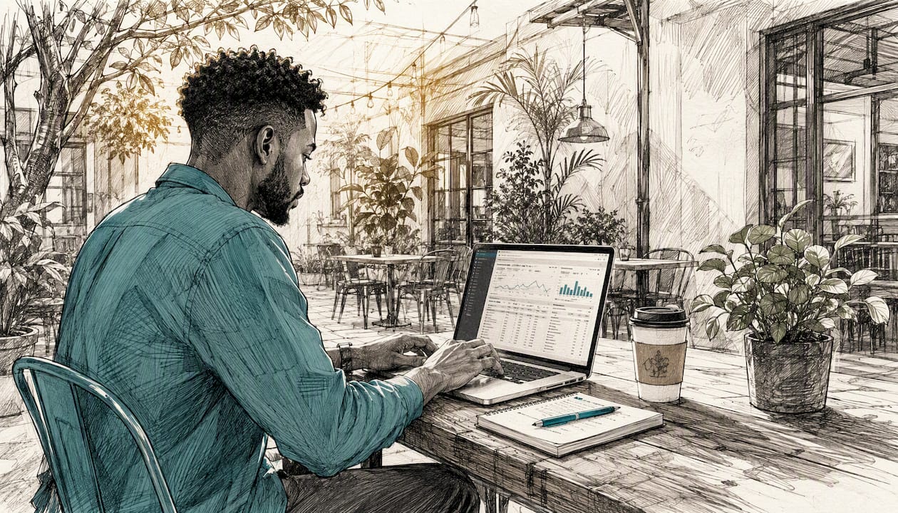 Entrepreneur analyzing Google Ads in café