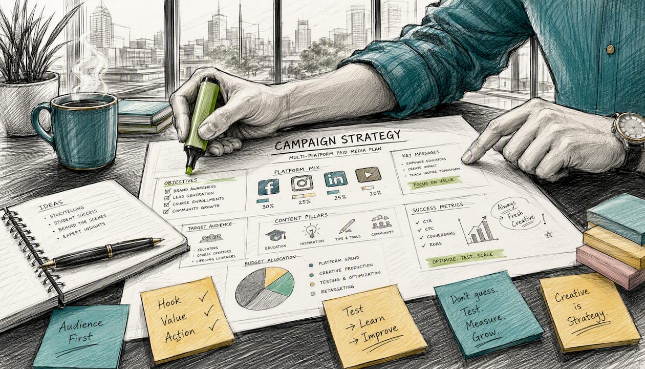 Hands reviewing digital ad campaign plans