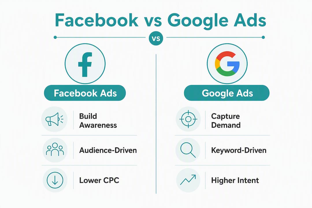 Comparison infographic of Facebook and Google Ads