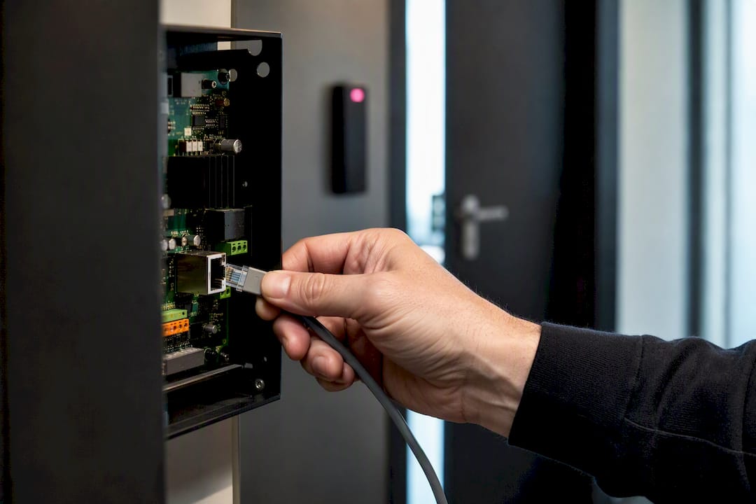 Engineer disconnecting access control network cable